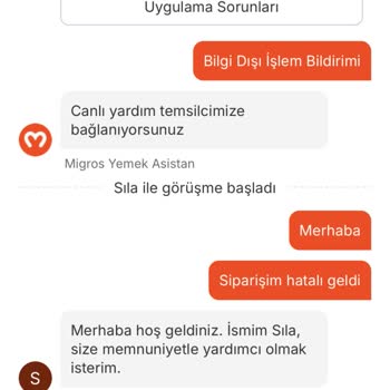 Migros Yemek Canlı Destek Hizmeti Gerekli Desteği Sağlamadı.