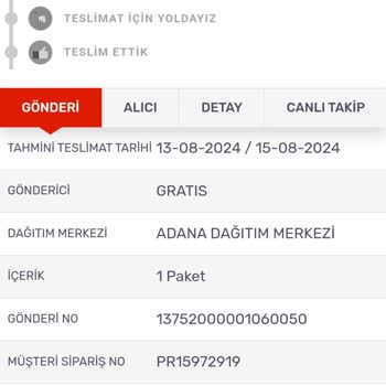 Gratis Kayıplara Karışan Sipariş