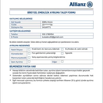 Allianz Yapı Kredi BES İptali