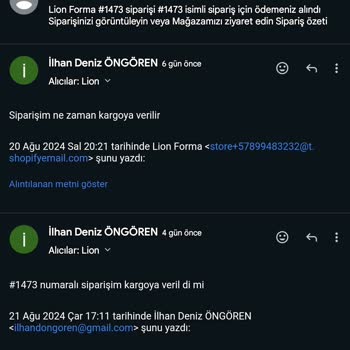 Shopify.com Shopify Dan Satış Yapan Lion Forma Ödemeyi Alıp Siparişi Göndermiyor