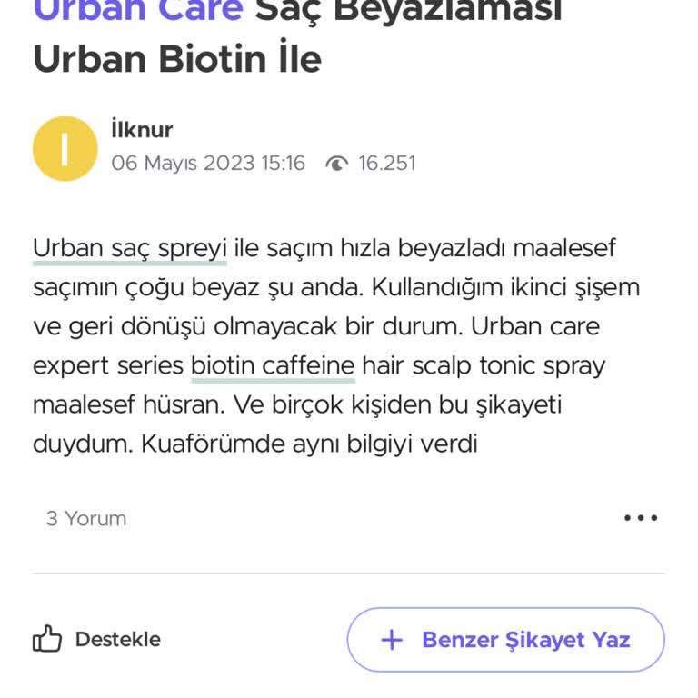 Urban Care Urban Saç Spreyi Kullanımı Sonrası Ani Beyazlama Sorunu
