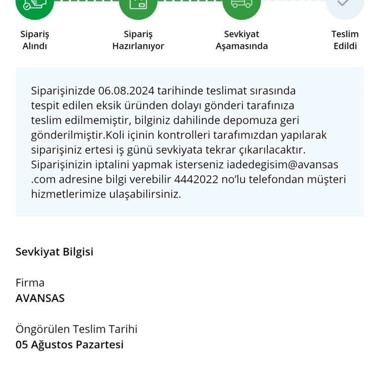 Avansas Teslim Edilmeyen Sipariş