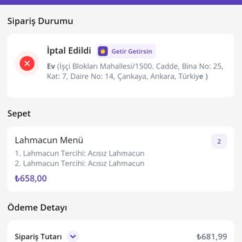 GetirYemek Adresim Hakkında Yalan Söyledi.