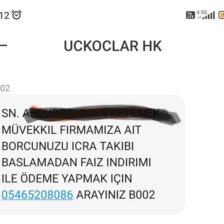 UCKOCLAR HK (SMS) Üçkoçlar Hk İcra Takibi Mesajı