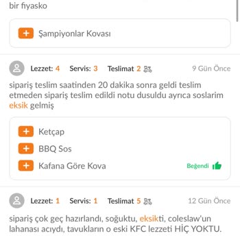 Trendyol Yemek KFC Turan Güneş Hep Eksik Sipariş