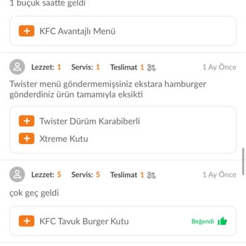 Trendyol Yemek KFC Turan Güneş Hep Eksik Sipariş