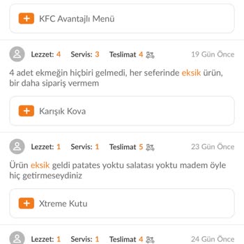 Trendyol Yemek KFC Turan Güneş Hep Eksik Sipariş