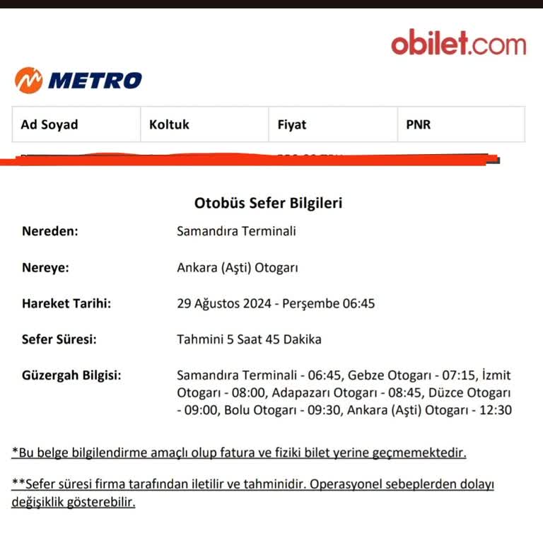 Metro Turizm Olmayan Otobüs Seferi