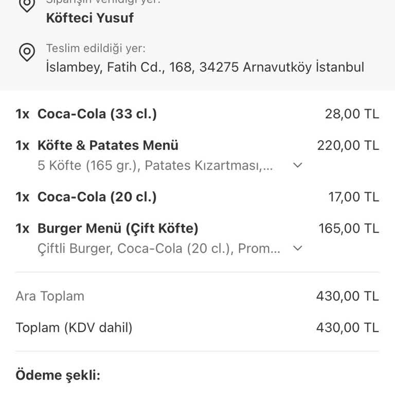 Yemek Sepeti Köfteci Yusuf Arnavutköy Siparişi Gelmedi