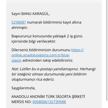 Anadolu Sigorta Evrak Temini Mümkün Değil!