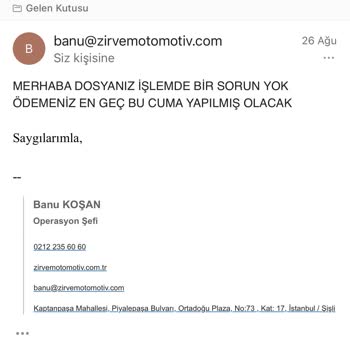 Zirvem Otomotiv Ödeme Yapması Gereken Paramı Ödemiyor