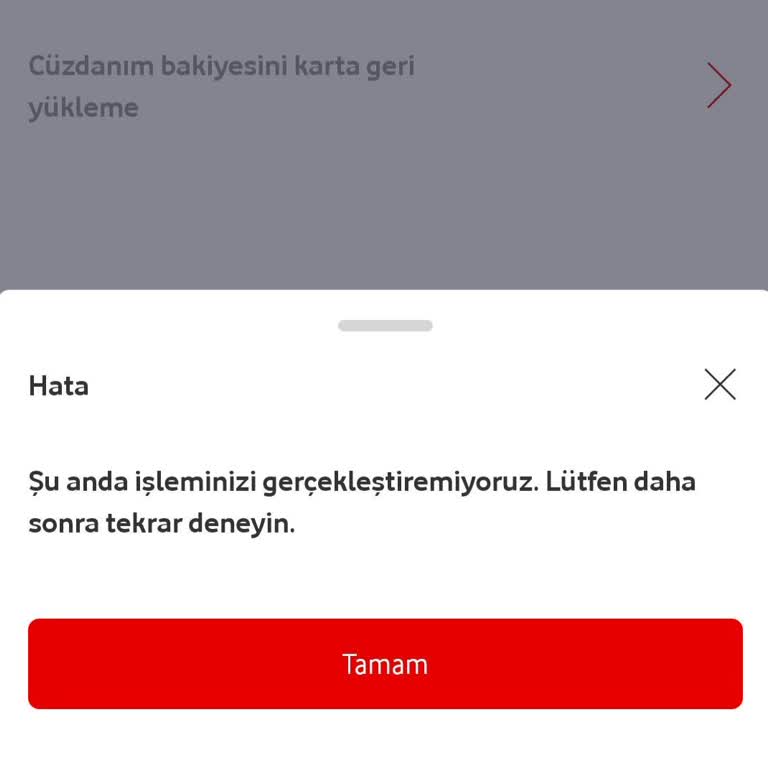 Vodafone Pay'den Karta Geri Para Yükleyememe
