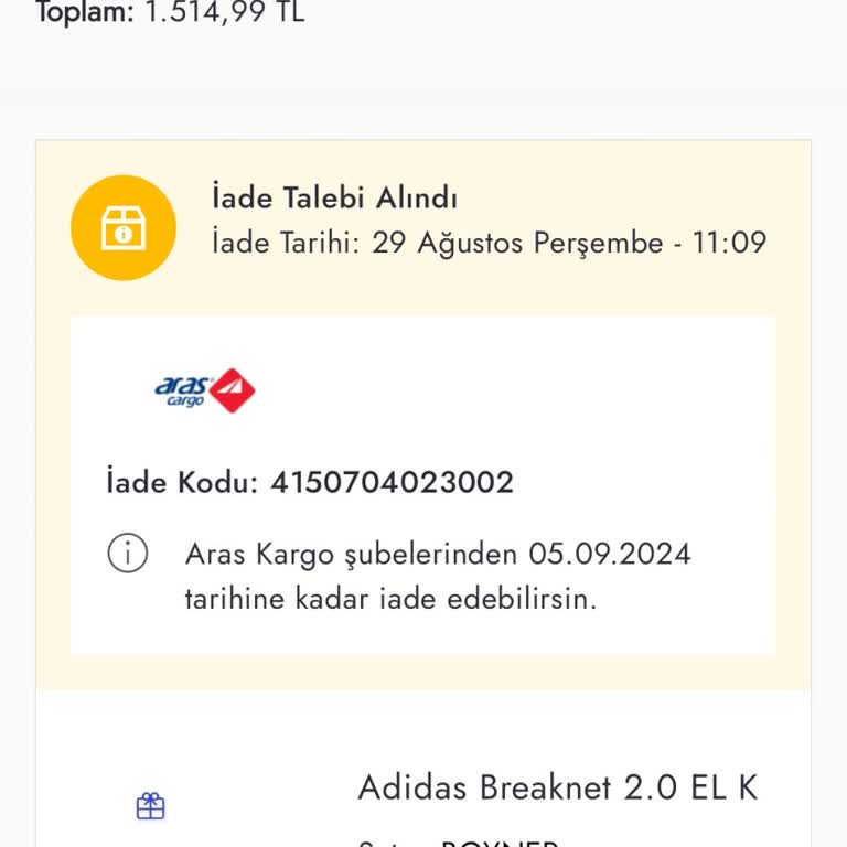 Aras Kargo İade Ettiğim Ürün Gözüküyor