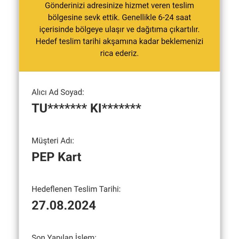 AGT Kurye (aynigunteslim.com) 30 Gündür Beklediğim Pep Kartım Hala Gelmedi