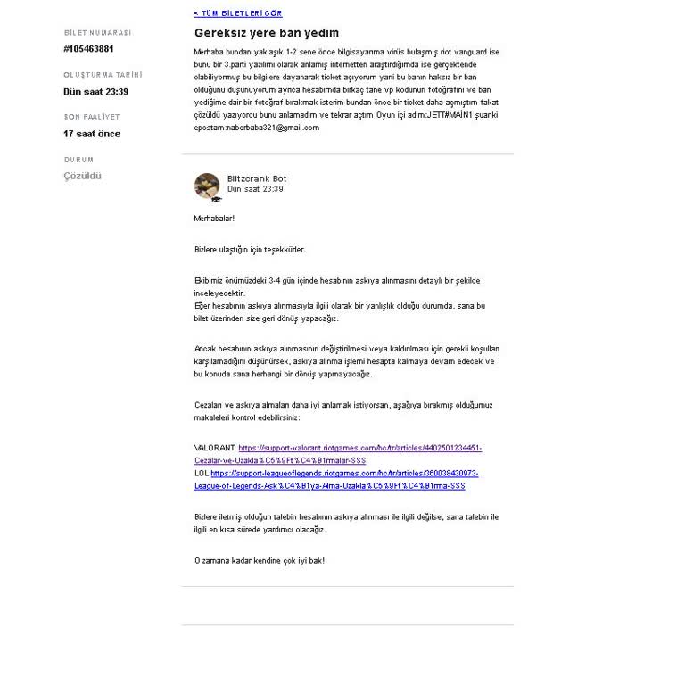 Valorant Hesabım Virüsten Dolayı Ban Yedi Fakat Ticketim Kapatılıyor