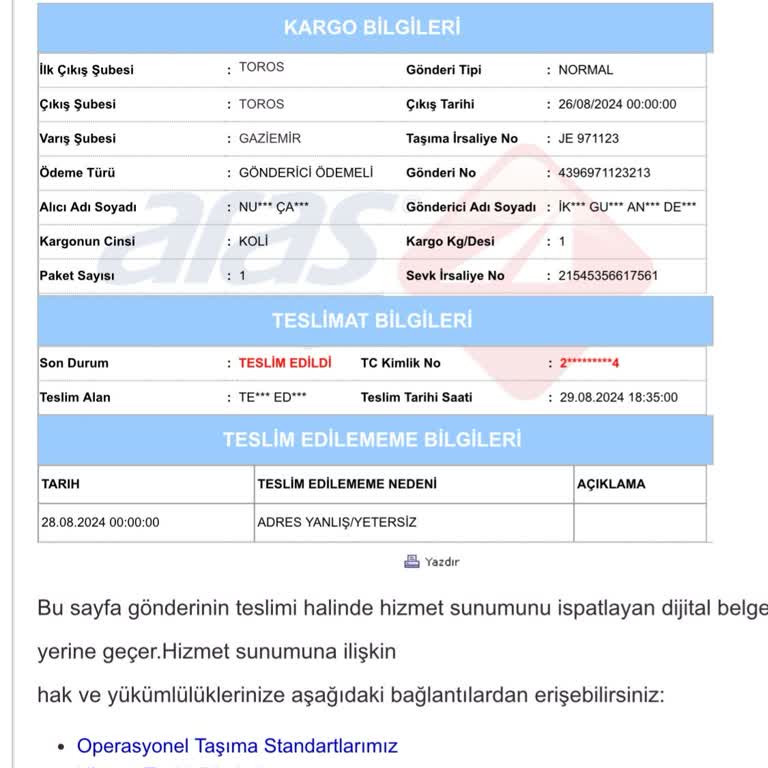 Aras Kargo Siparişim Teslim Edilmedi