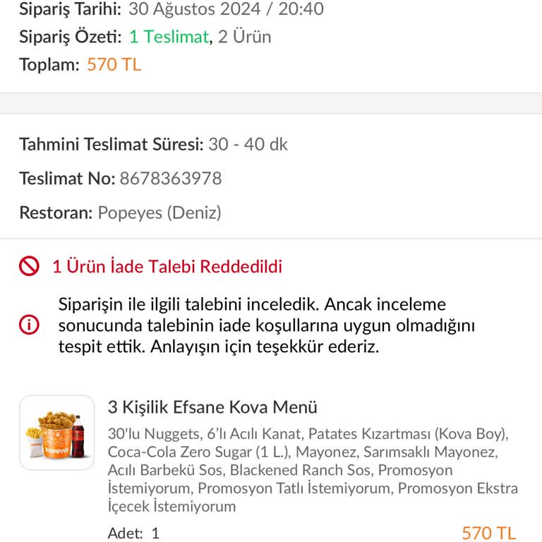 Trendyol Yanlış Gönderilen Yemeğin İadesi Yapılmıyor