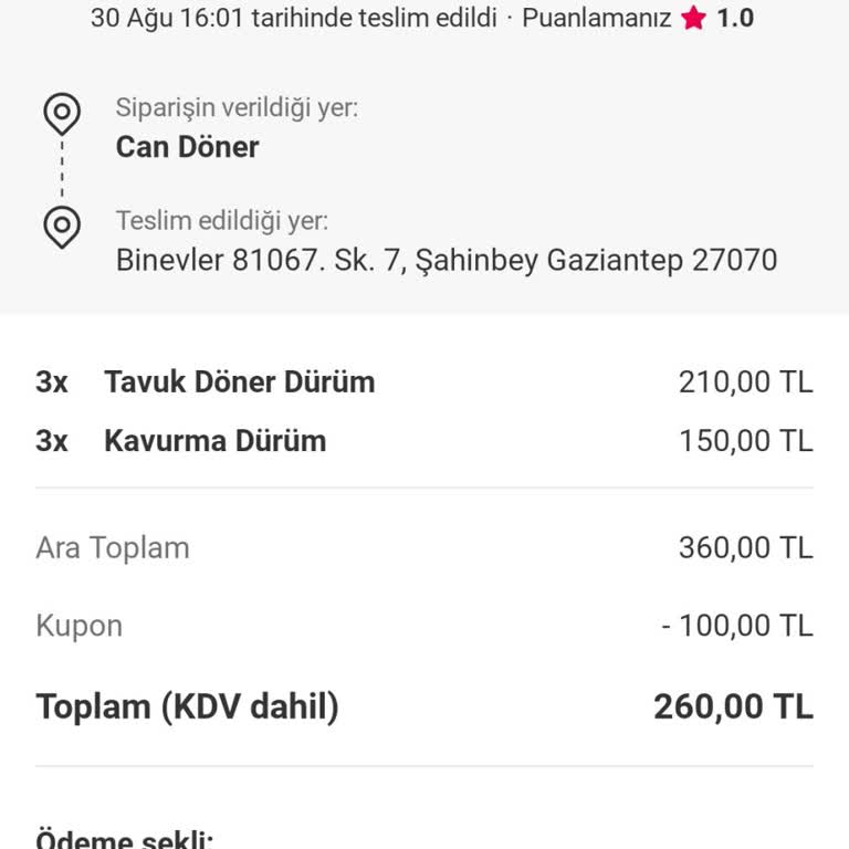 Yemeksepeti Can Döner Mağduriyeti