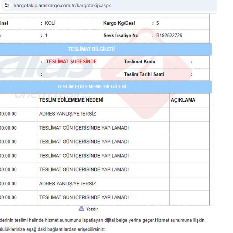 Aras Kargo Palandöken Şubesi Teslimat Sorunu