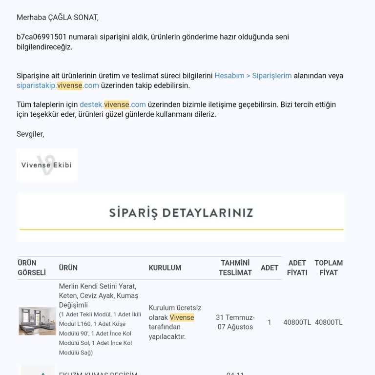 Vivense Gönderilmeyen Siparişim Var