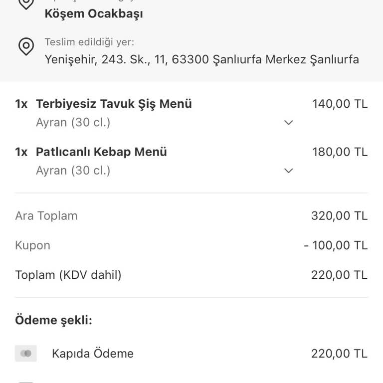 Yemeksepeti Şanlıurfa Köşem Ocakbaşı