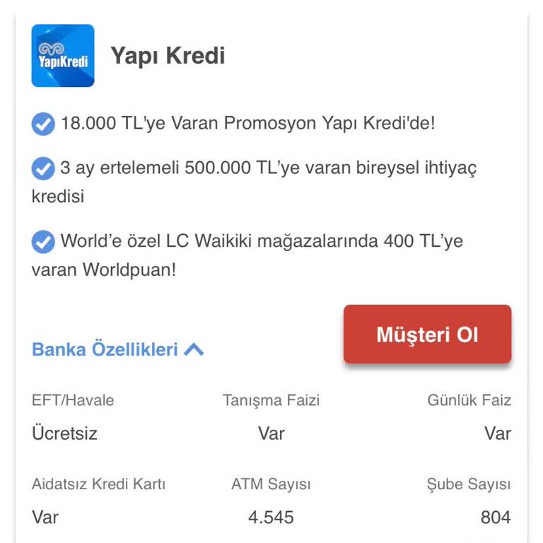 Yapı Kredi Bankası EFT Havale Ücreti