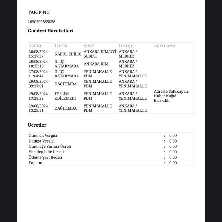 PTT Kargo T. C. Kimlik Evrakım Yenimahalle PDM Tarafından Kayıp