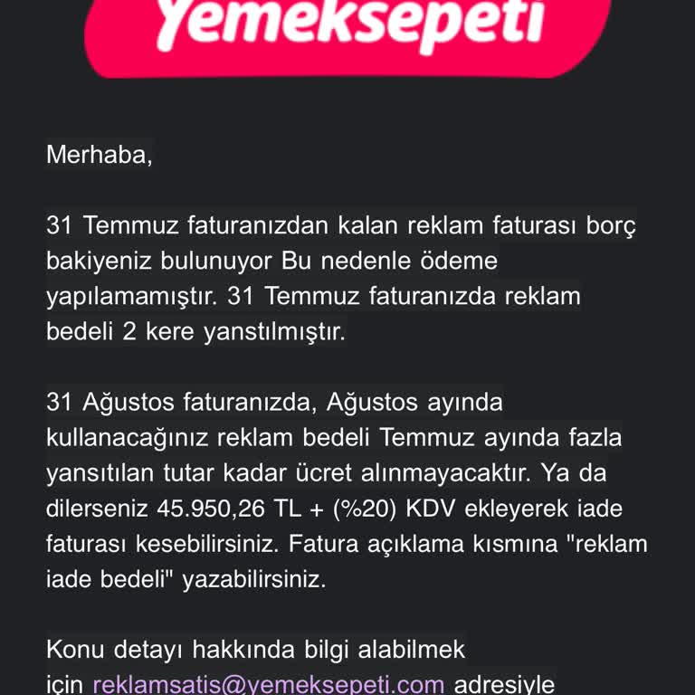 Yemeksepeti Ödeme Yapmıyor - Reklam Harcamasını 2 Kere Gösteriyor