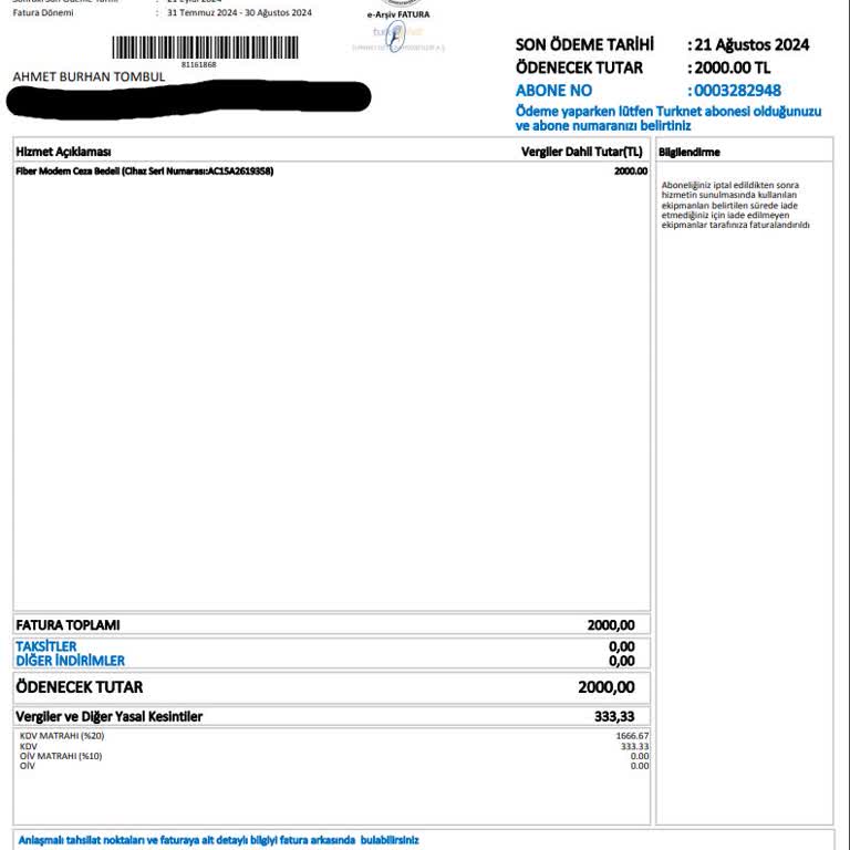 TurkNet Teslim Ettiğim Modemin Ceza Ücretini Ödetmeye Çalışıyor!