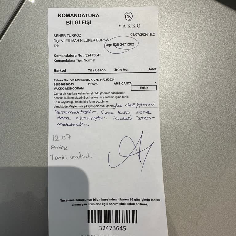 Vakko Çantamın Form Bozukluğu Ve Yetersiz Müşteri Hizmeti