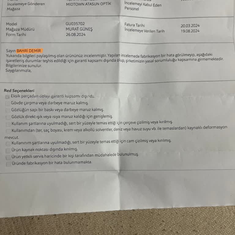 Atasun Optik Garanti Kapsamı Problemi