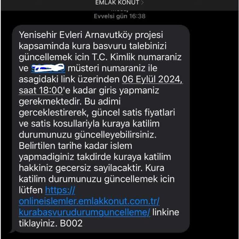 Emlak Konut Yenişehir Arnavutköy Kura Başvuru Güncelleme Onayı Mesajı