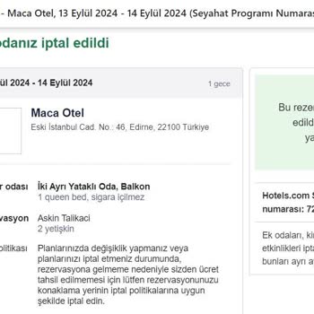 Hotels.com Rezervasyon İptal Olmasına Rağmen Para İadesi Yapmıyor