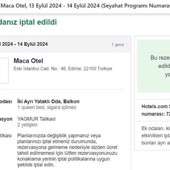 Hotels.com Rezervasyon İptal Olmasına Rağmen Para İadesi Yapmıyor