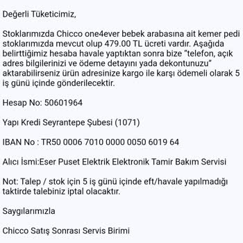 Chicco Yedek Parça Ürünümü Göndermiyor