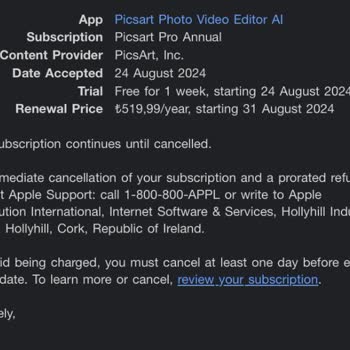 PicsArt Charged ₺520 After I Canceled My Free Trial and Did Not Send a Reminder