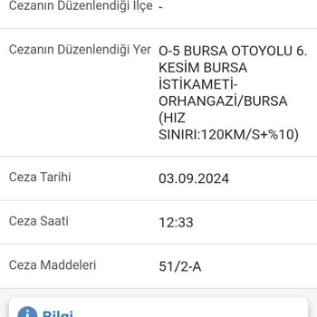 Karayolları Genel Müdürlüğü 05 Bursa Otoyolu Radar Cezası