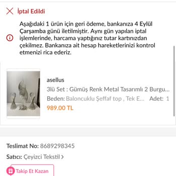 Trendyol Aynı Gün İçimde İptal Ettiğim 13000 Küsur Liralık Ücret İadem Olmadı