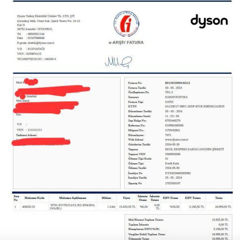 Dyson Eksik Tutar İadesi