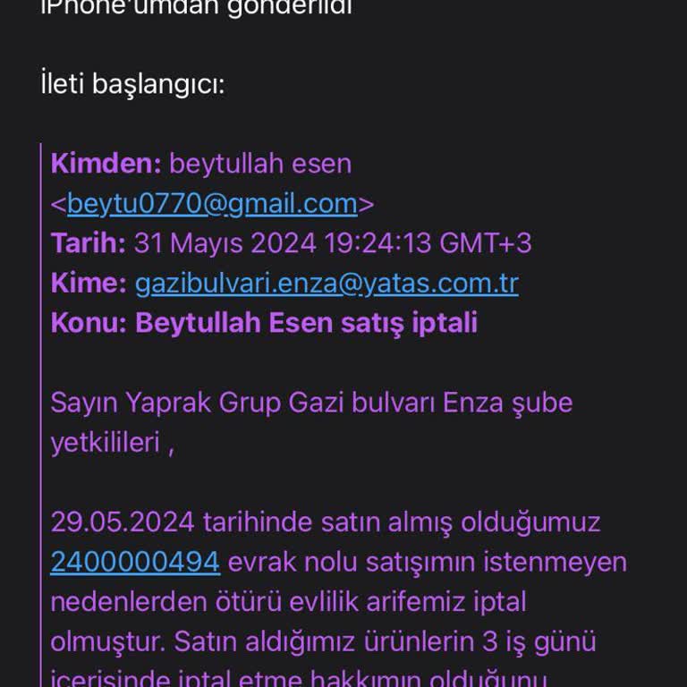 Yataş Enza Paramı İade Etmiyor