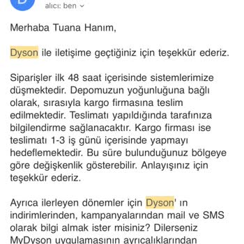Dyson.com.tr Siparişimin İade Edilmesi Hk.