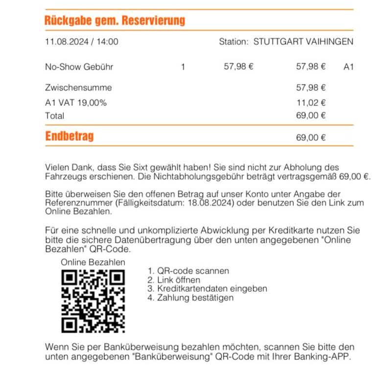 Sixt Car Rental Cancellation Fee Charged Despite No Available Vehicle at Stuttgart Hbf