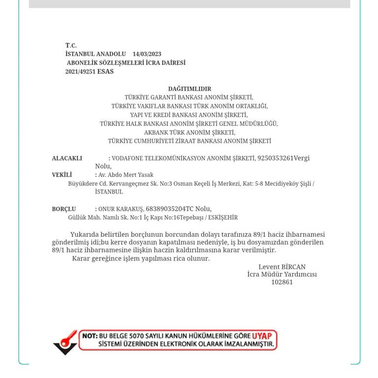 Garanti BBVA E-HACİZ Kaydının Kaldırılmaması