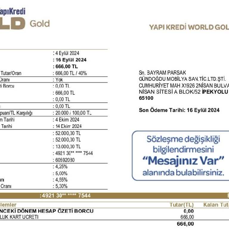 Yapı Kredi Kart Ücreti Alıyor.