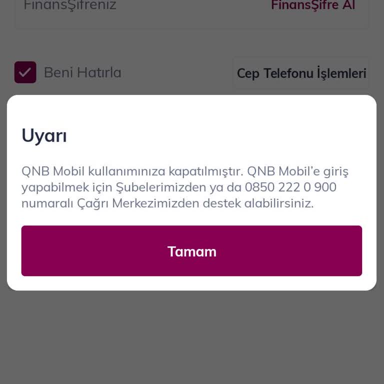 QNB Finansbank Ob Mobil Kullanımınıza Kapatılmıştır