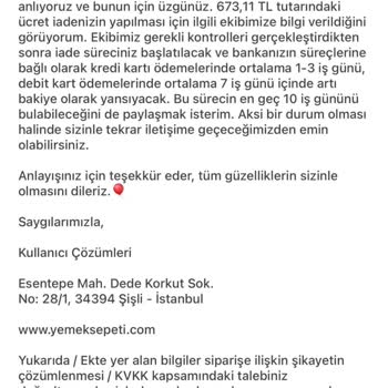 Yemeksepeti Ücret İadem Yapılmıyor!