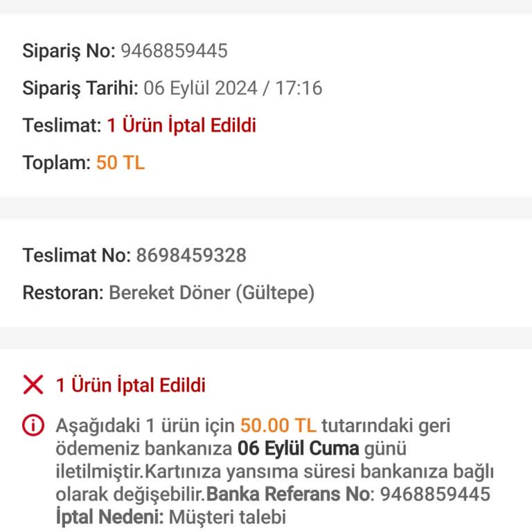 Bereket Döner Trendol GO Yemek Mağduriyeti