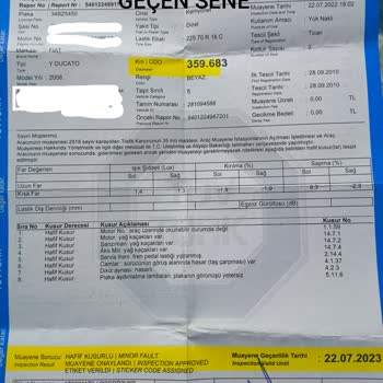 TÜVTÜRK Ağır Kusuru ( Araç Sınıfı Kategorisi Farklı)