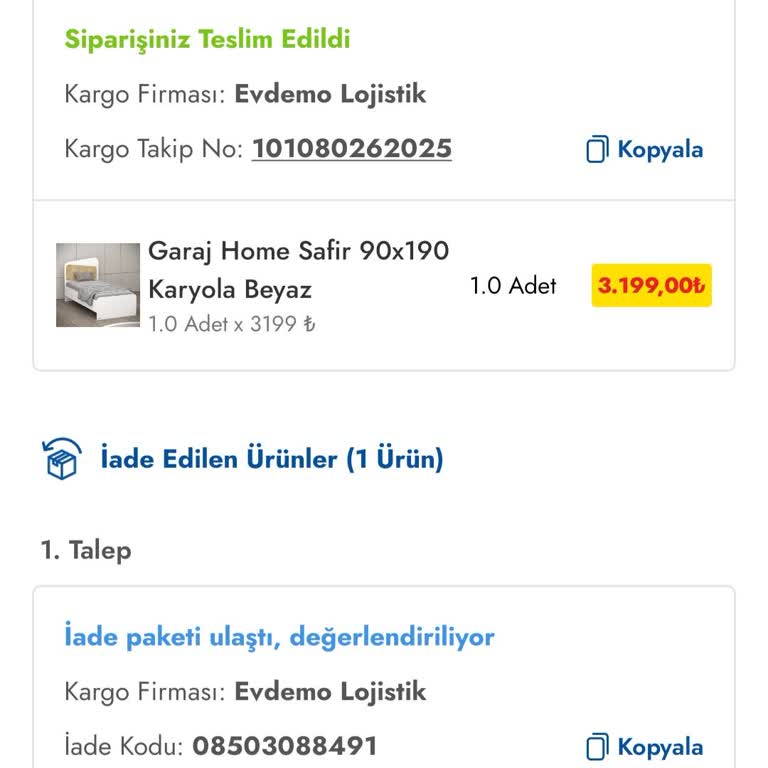 Cepte Şok Evdemo Lojistik Karyola Siparişi