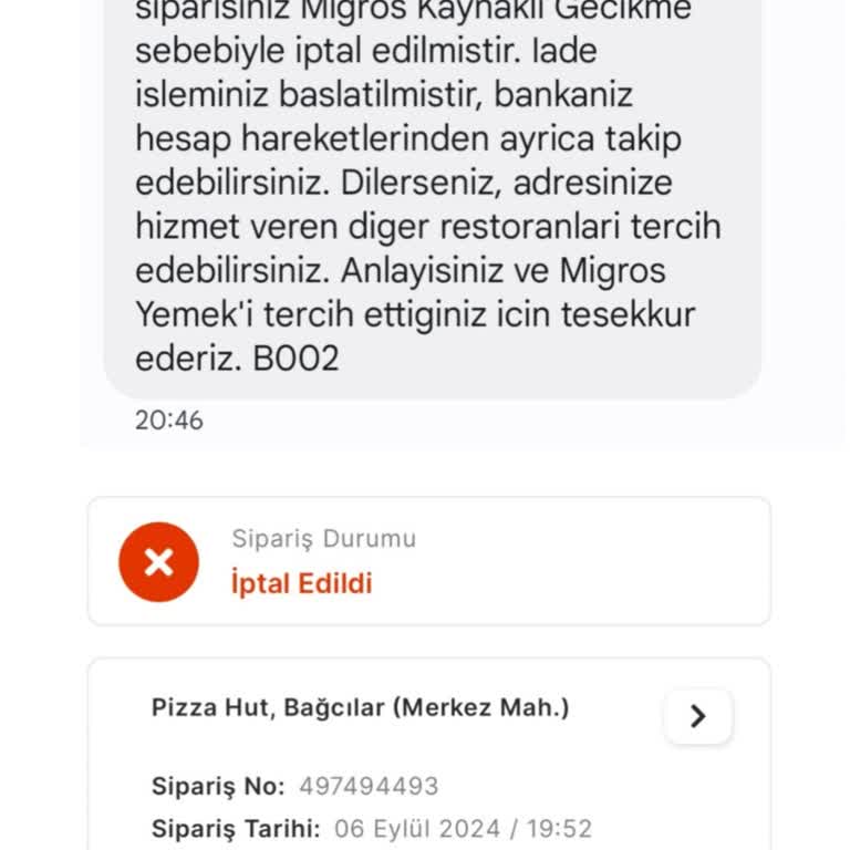 Migros 1 Saat Sonra Gelen Sipariş İptali Bildirimi